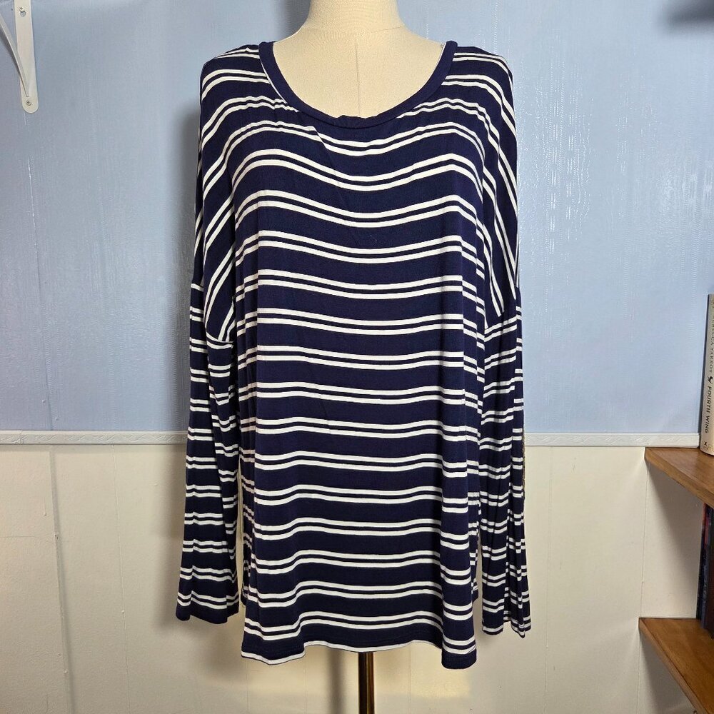 Medium Navy Blue White Striped Longsleeve Tee with Sequin Elbow Pads